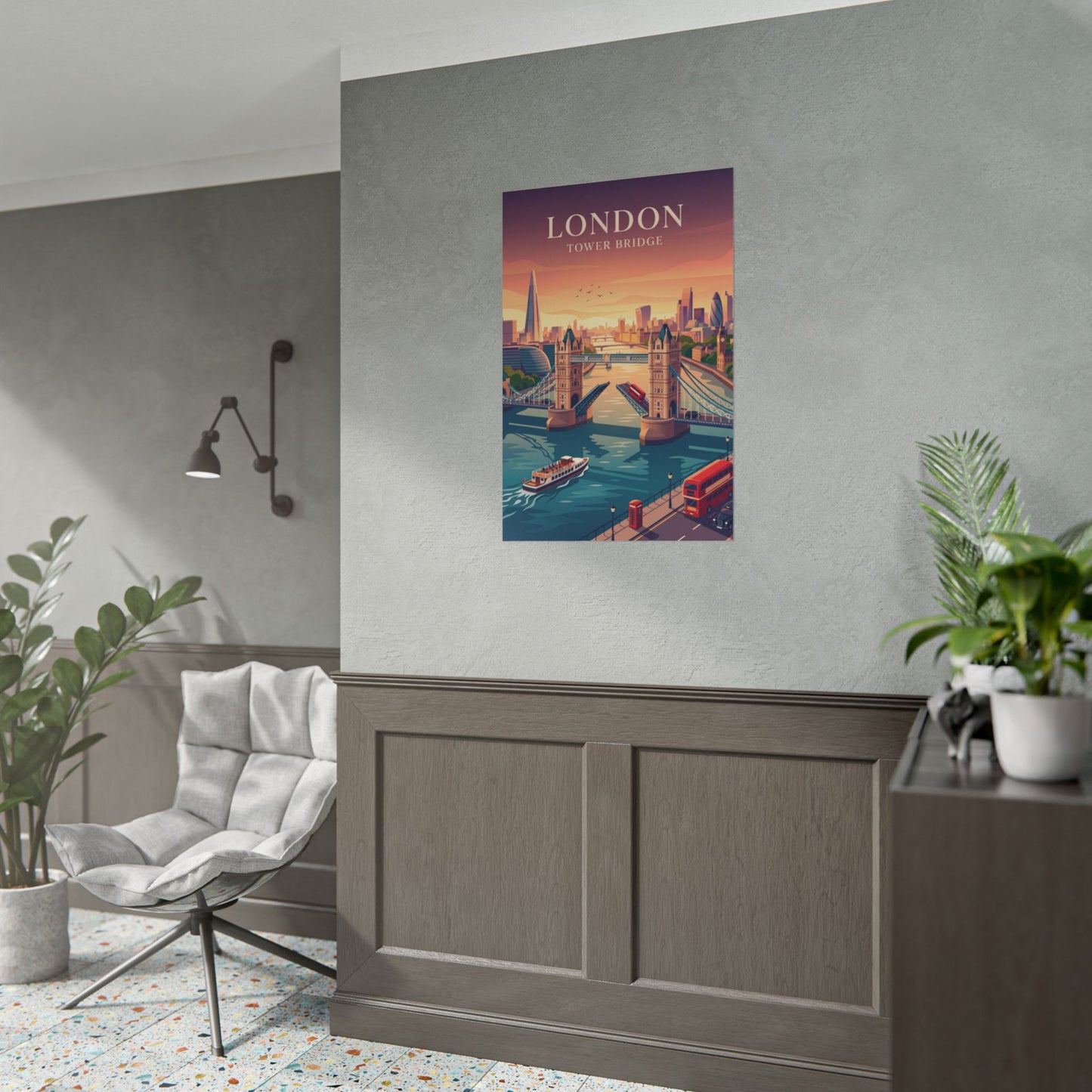 London Tower Bridge rolled poster on wall, small river and skyline scene with boats