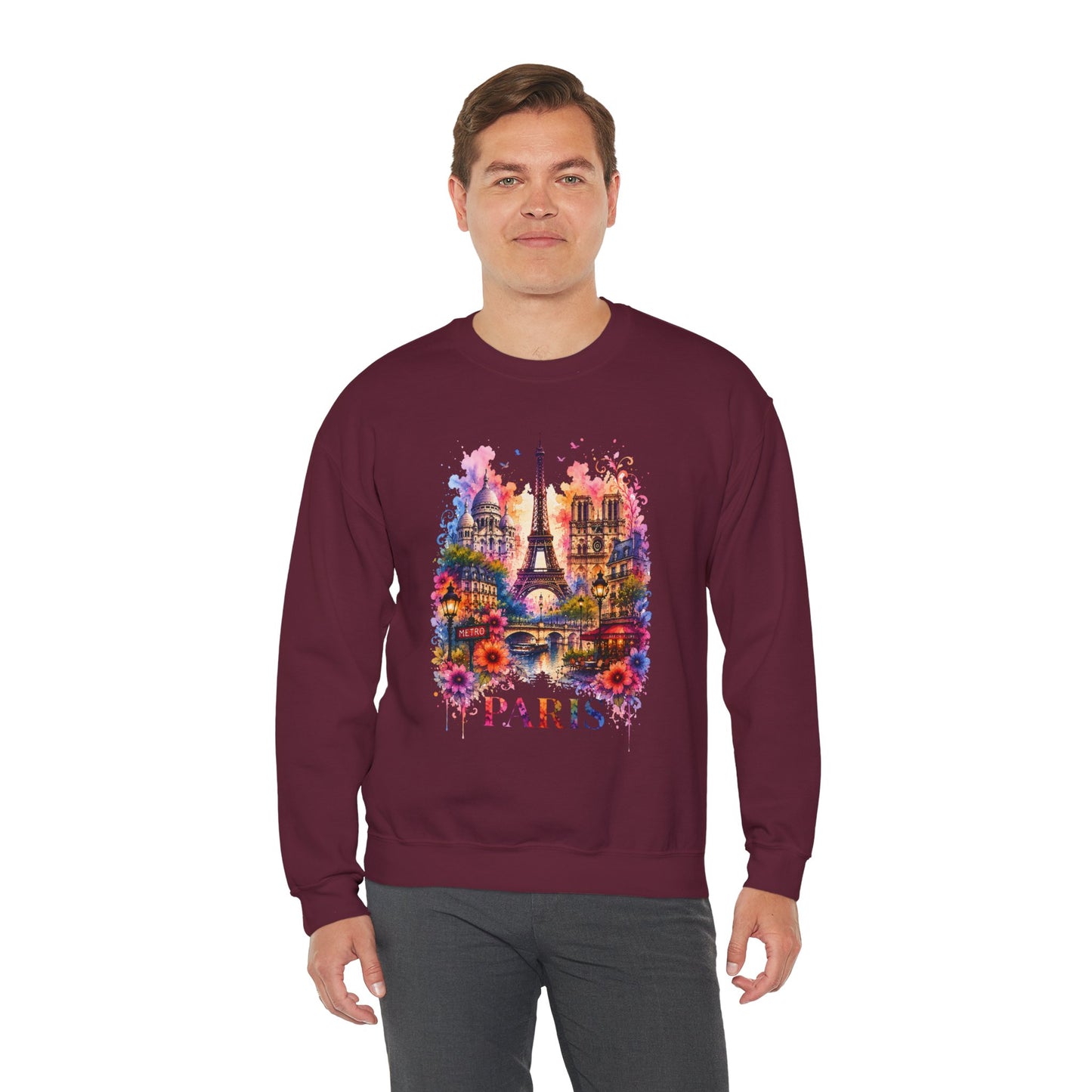 Maroon crewneck sweatshirt with colorful Paris Eiffel Tower watercolor graphic