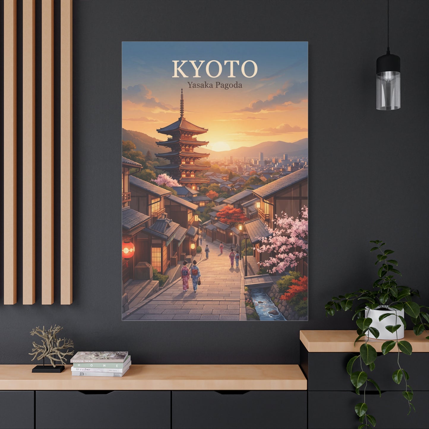 Matte canvas print on wall with Kyoto pagoda over a cherry-lined street at sunset