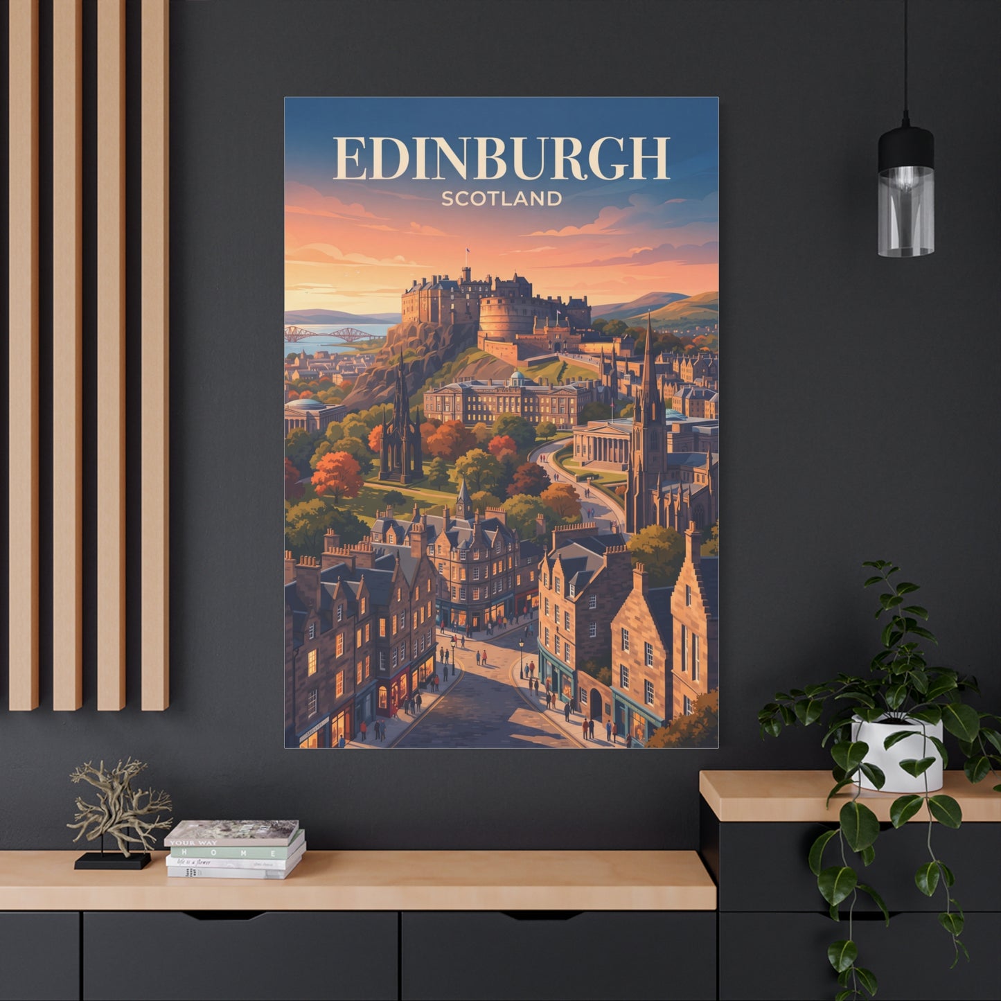 Vertical framed canvas wall art with blue border and Edinburgh Scotland skyline