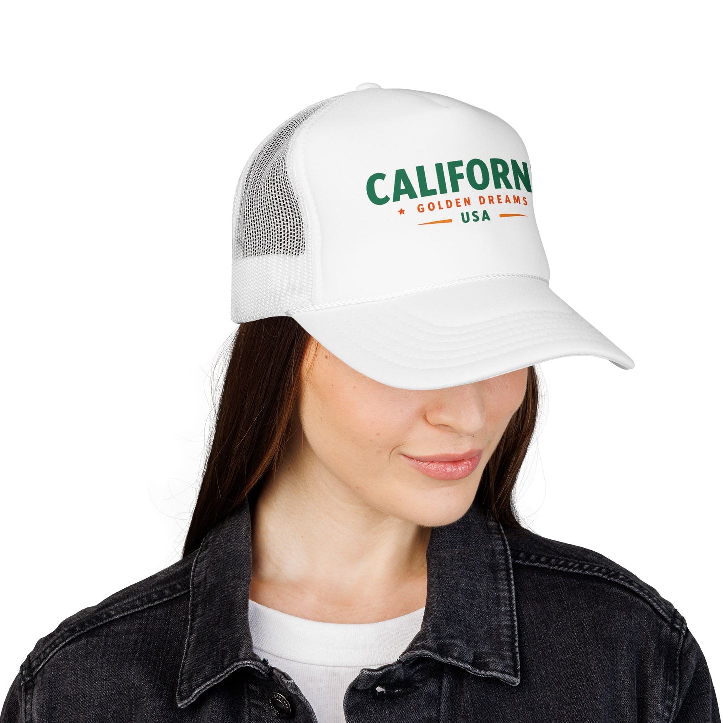 White trucker cap with green California wordmark and multicolor emblem