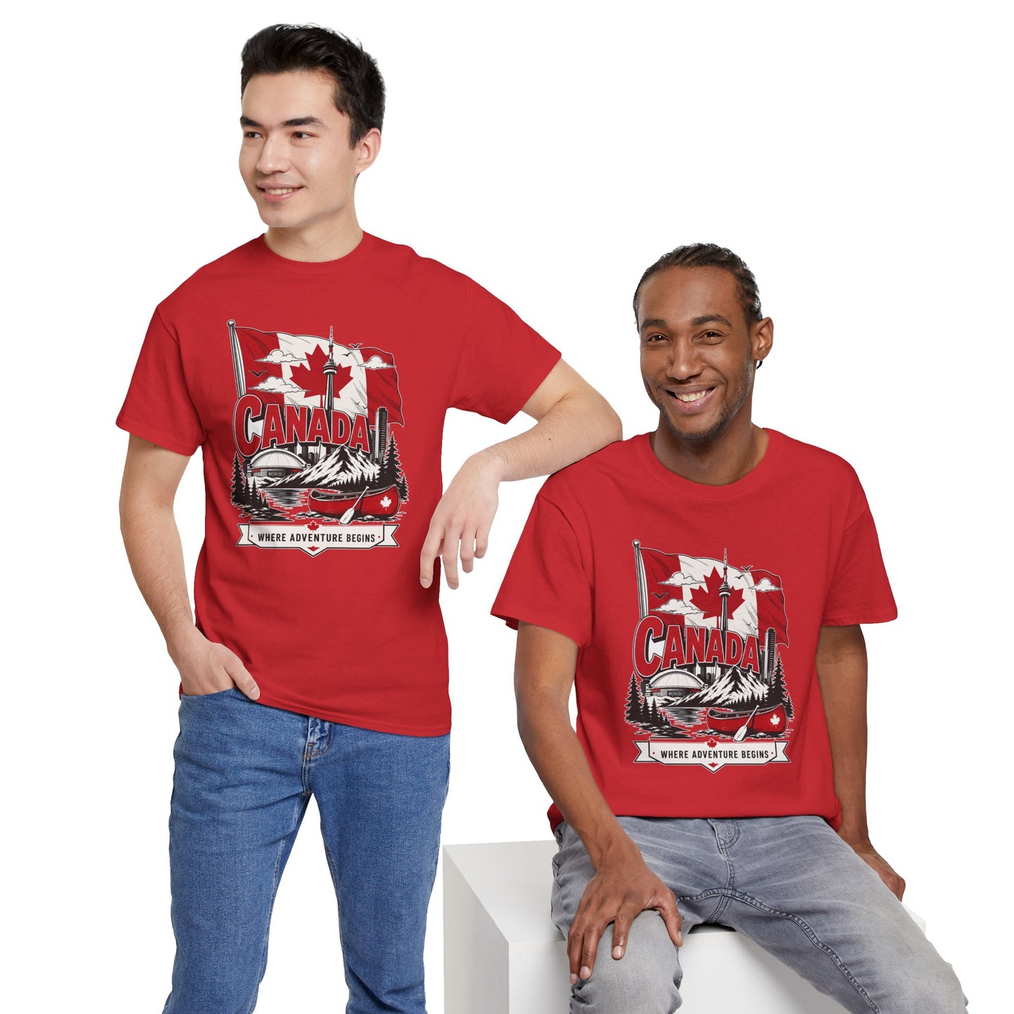 Red crewneck short-sleeve T-shirt with Canada graphic, worn with jeans