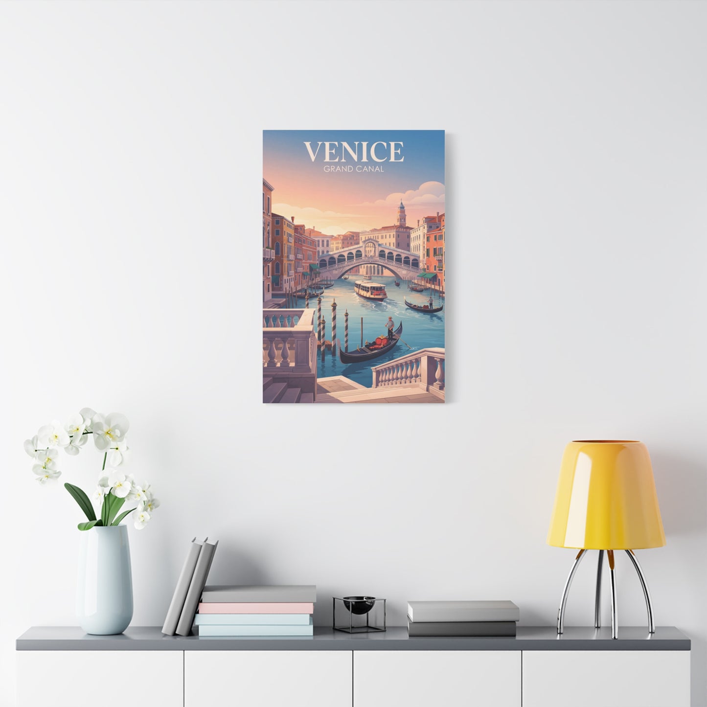 Venice canal matte canvas print with boats on canal beside balcony railing