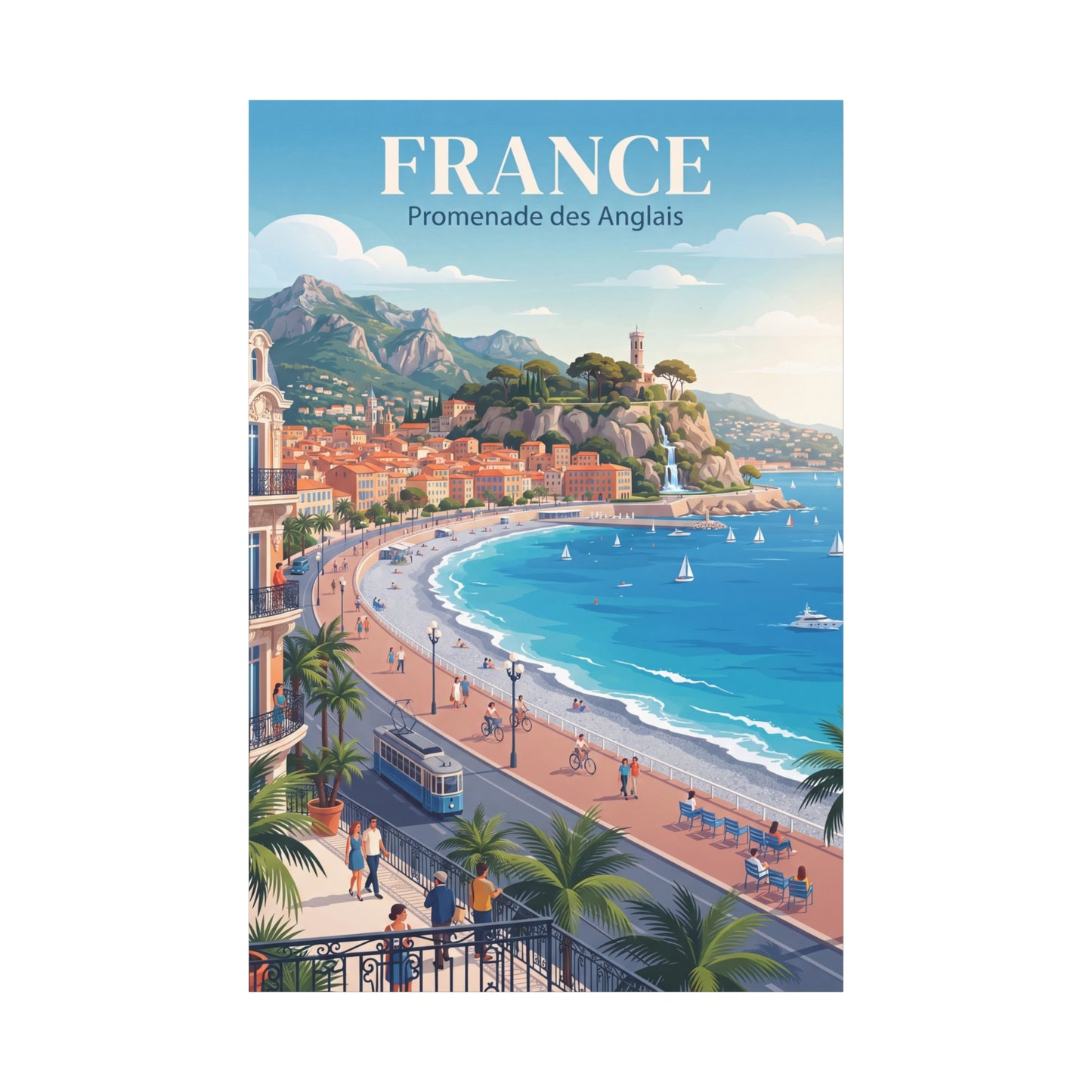 Matte canvas wall art of the France coastline with 'FRANCE' header, beach, and mountains.