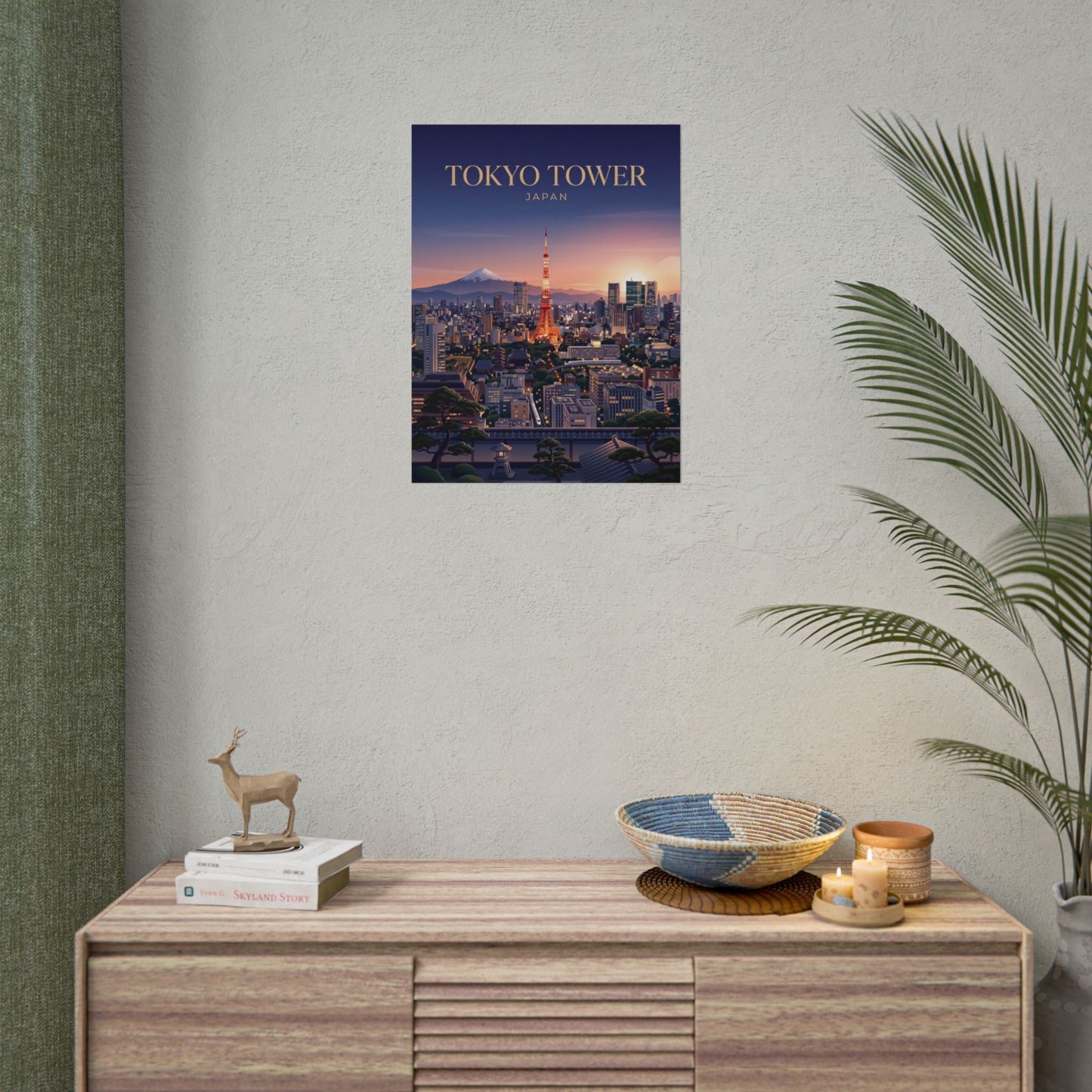 Rolled poster, small wall display, Tokyo Tower sunset view with “TOKYO TOWER” text.