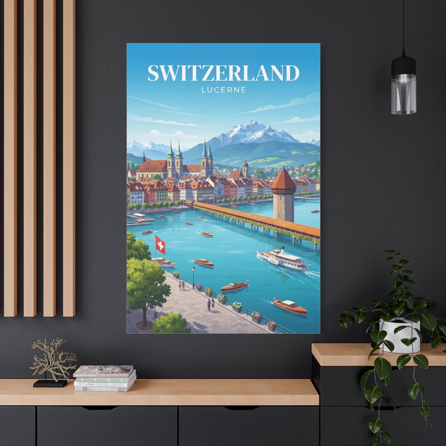 Matte canvas wall art showing Switzerland Lucerne canal boats, bridge tower, and mountains