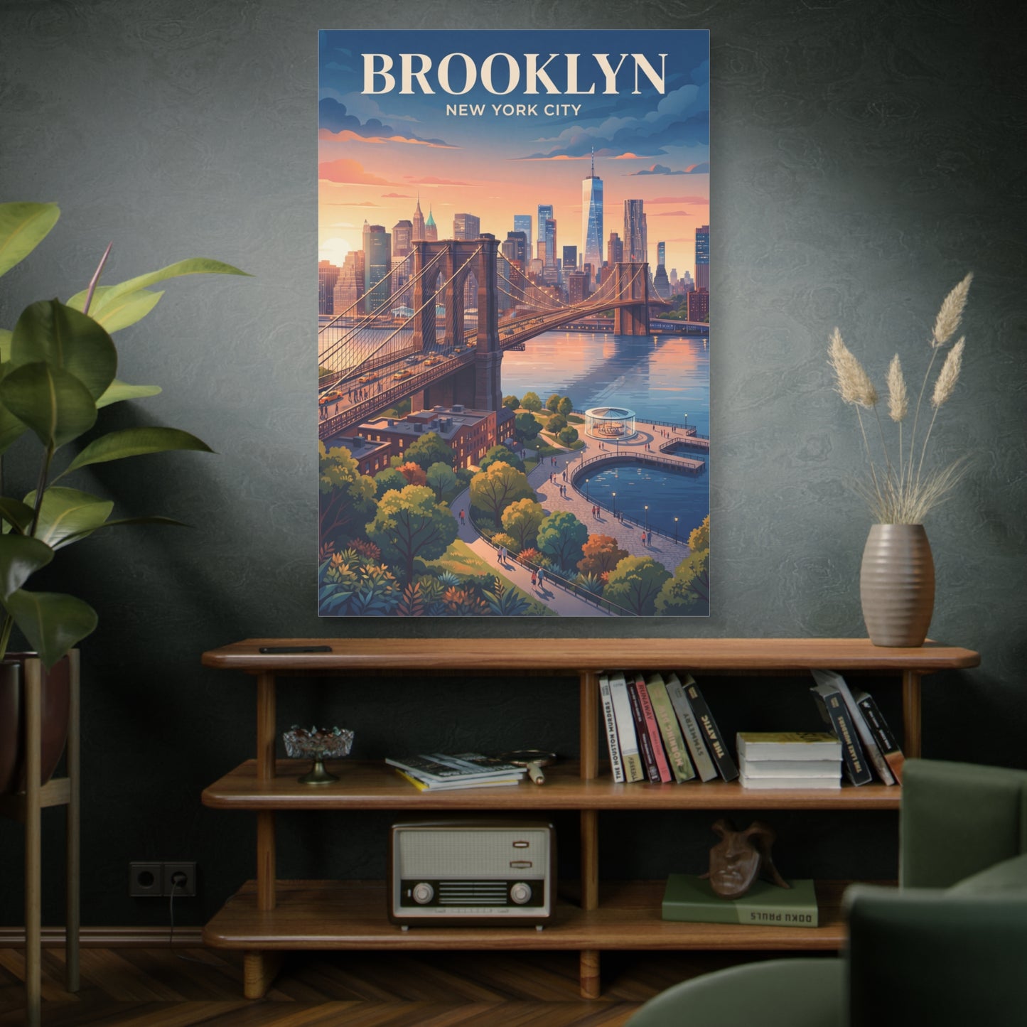 Matte canvas wall art with Brooklyn skyline, bridge over water, and warm sunset colors