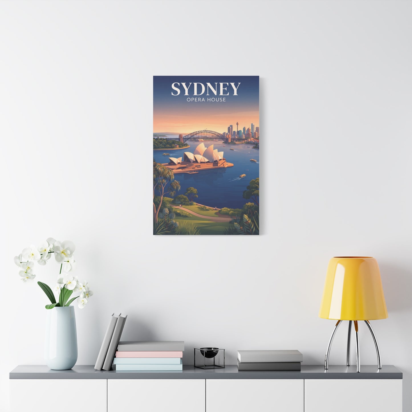 Square canvas wall art of Sydney Opera House skyline with “SYDNEY” title