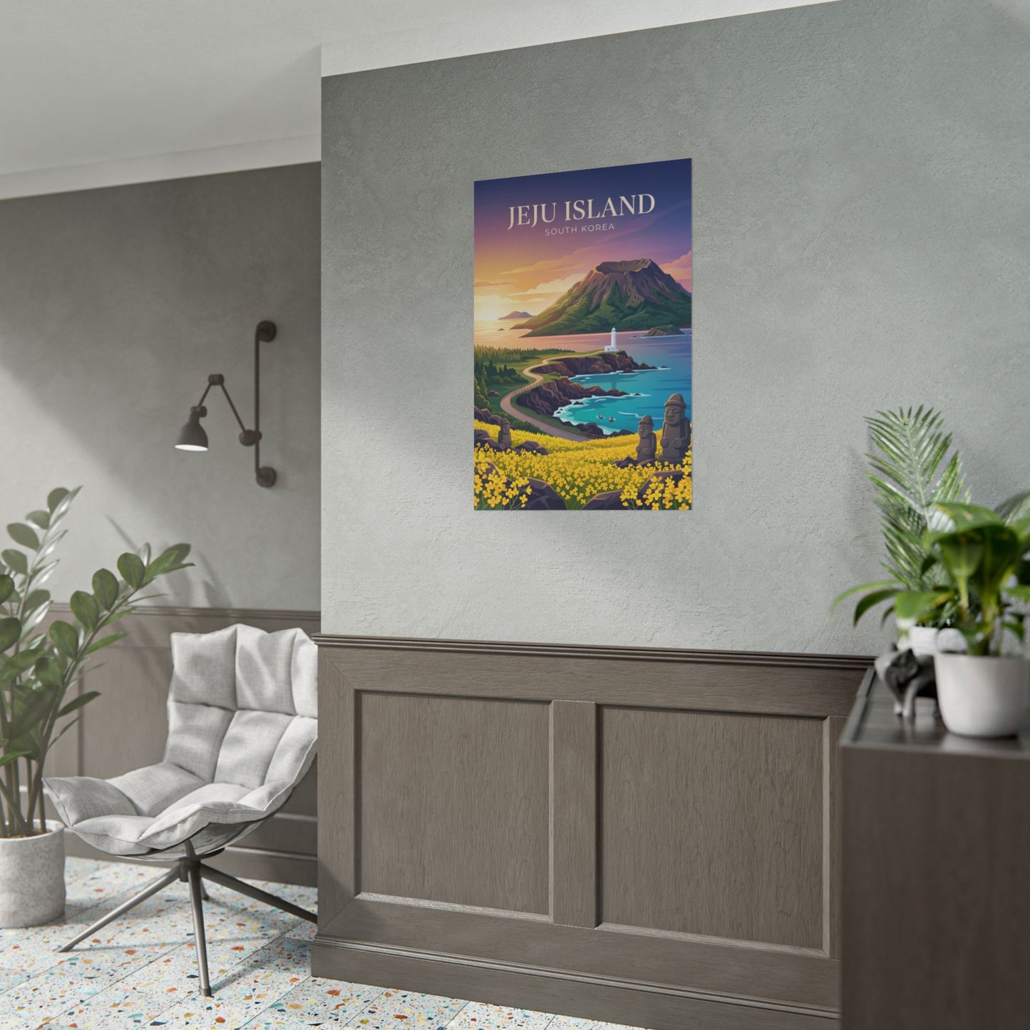 Jeju Island rolled poster hanging on wall, showing mountain coast and yellow flowers