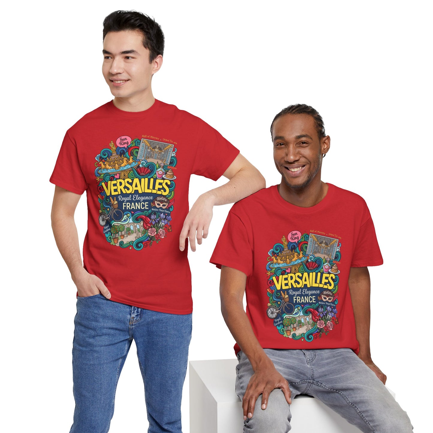 Red graphic T-shirt with Versailles France illustration, worn by two models