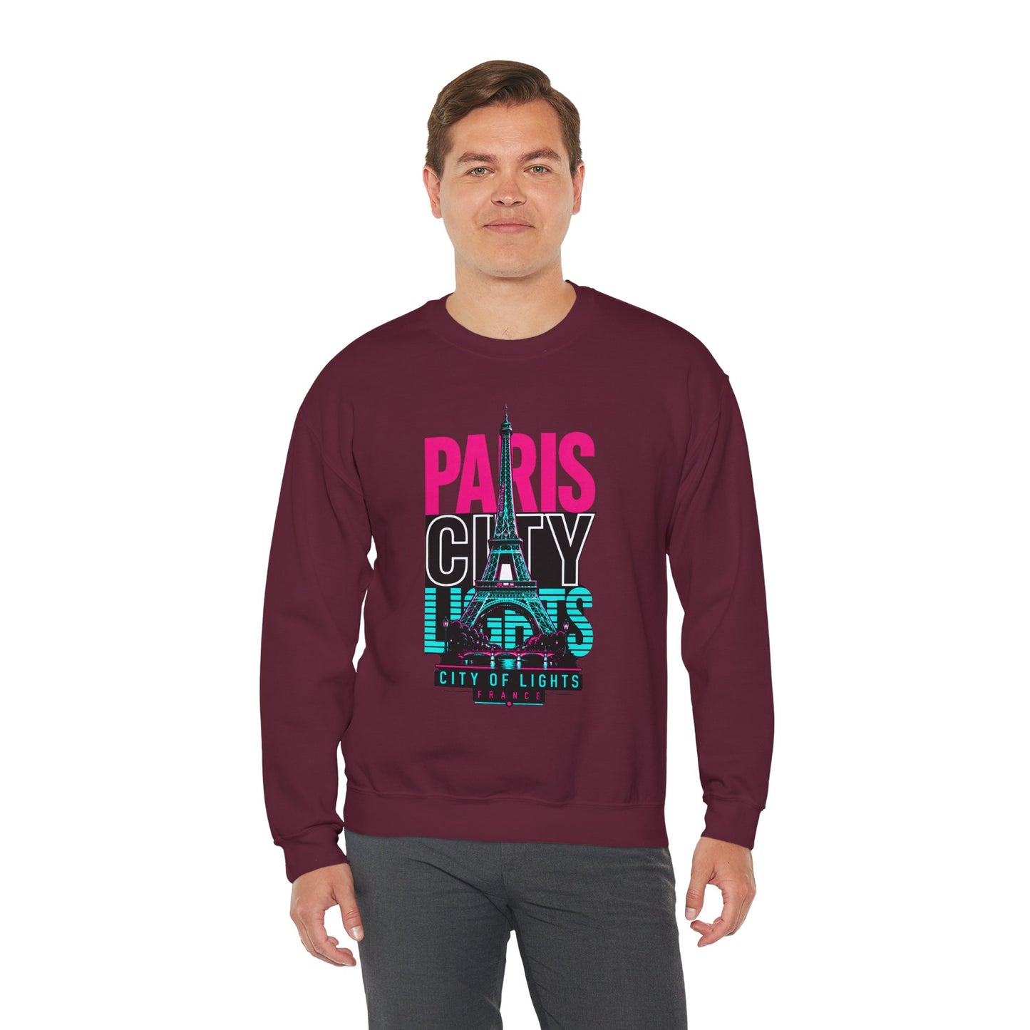 Maroon crewneck sweatshirt, front view with PARIS CITY Eiffel Tower graphic