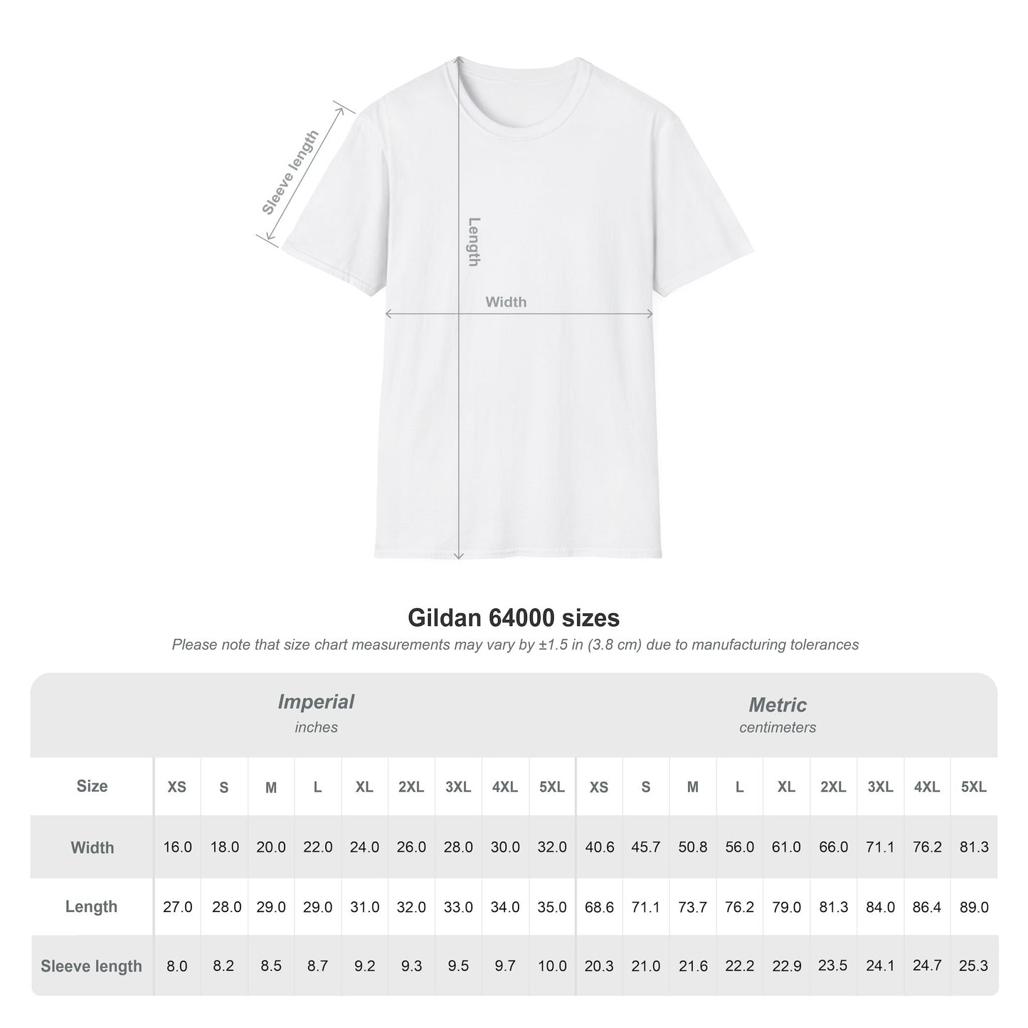 White T-shirt size chart with width and length measurements in inches and centimeters