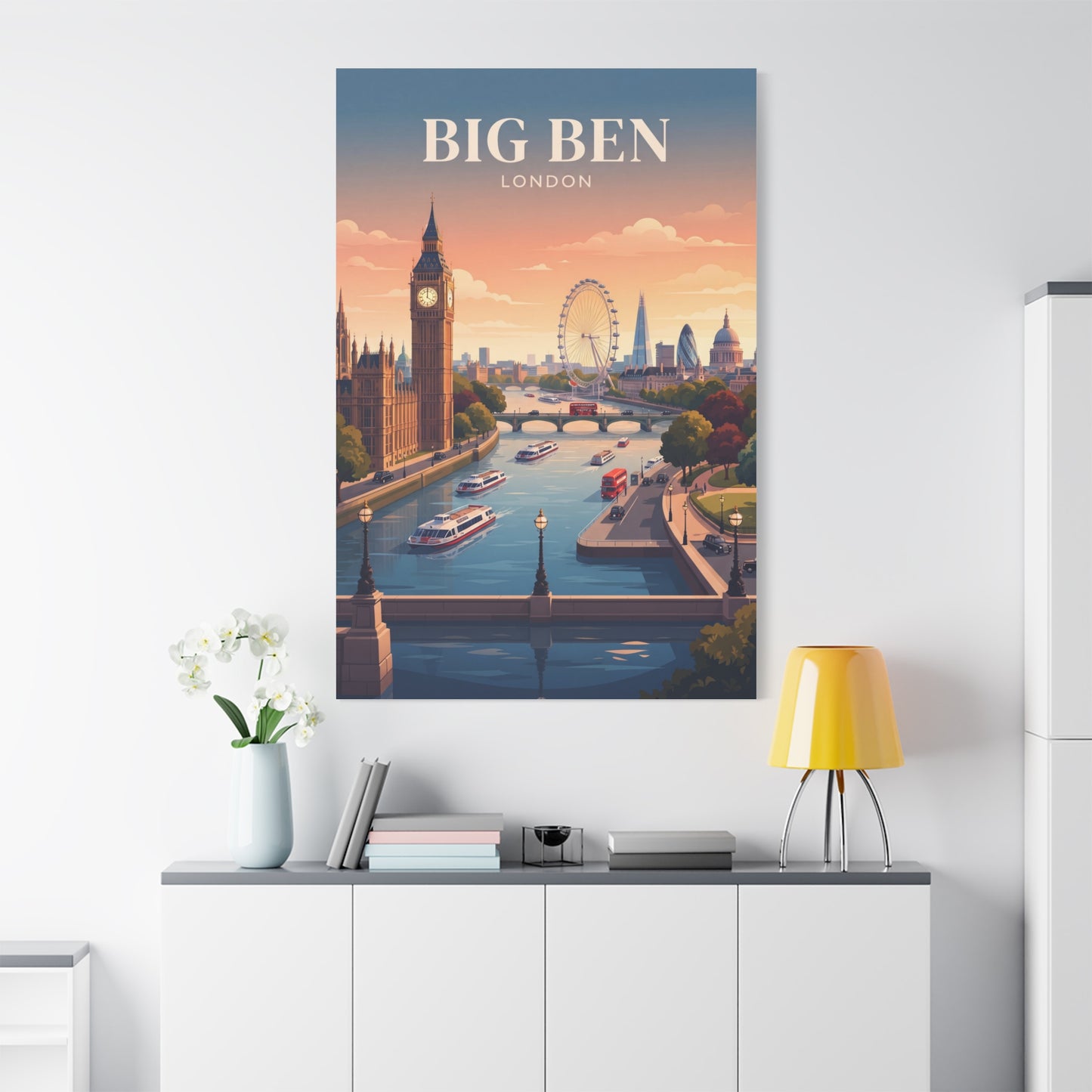 Rectangular matte canvas print with Big Ben landmark, ferries, and a warm sunset sky.