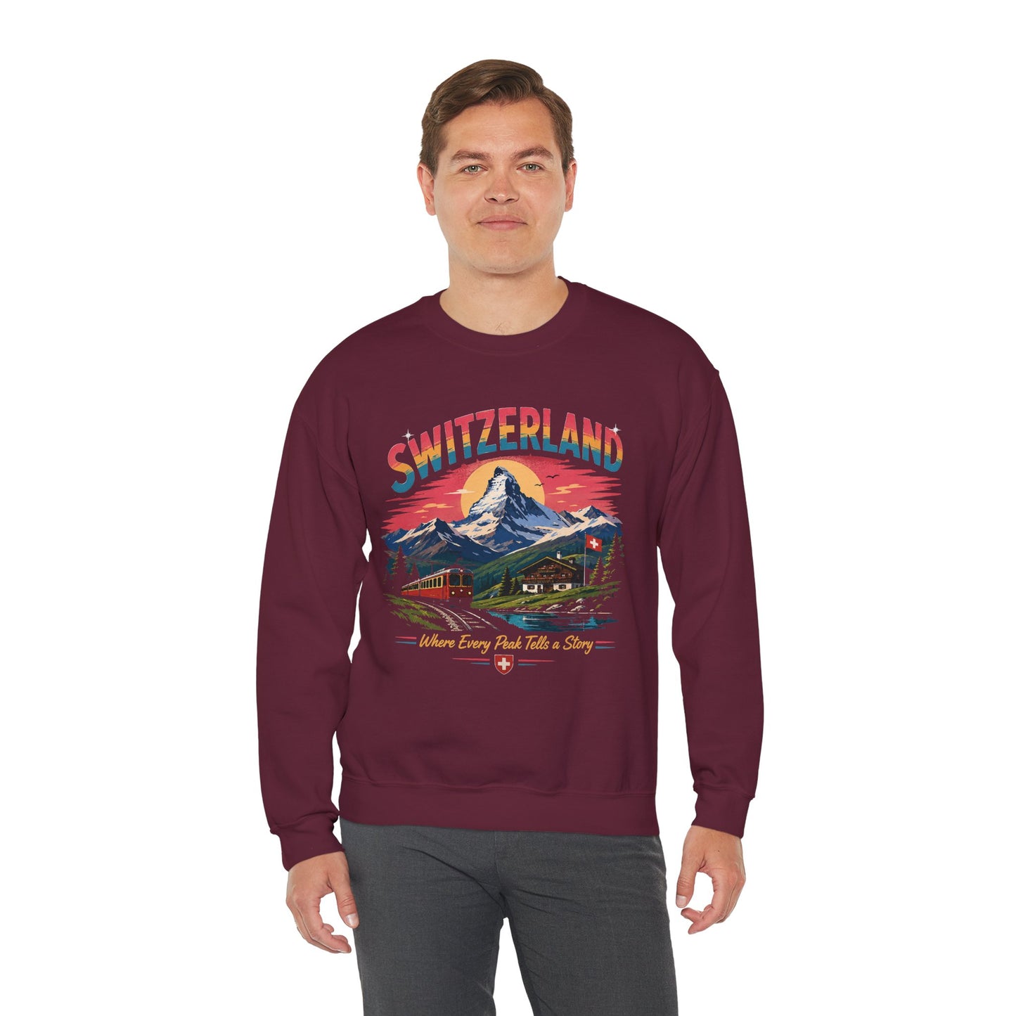 Maroon crewneck sweatshirt with Switzerland graphic front, ribbed cuffs and hem