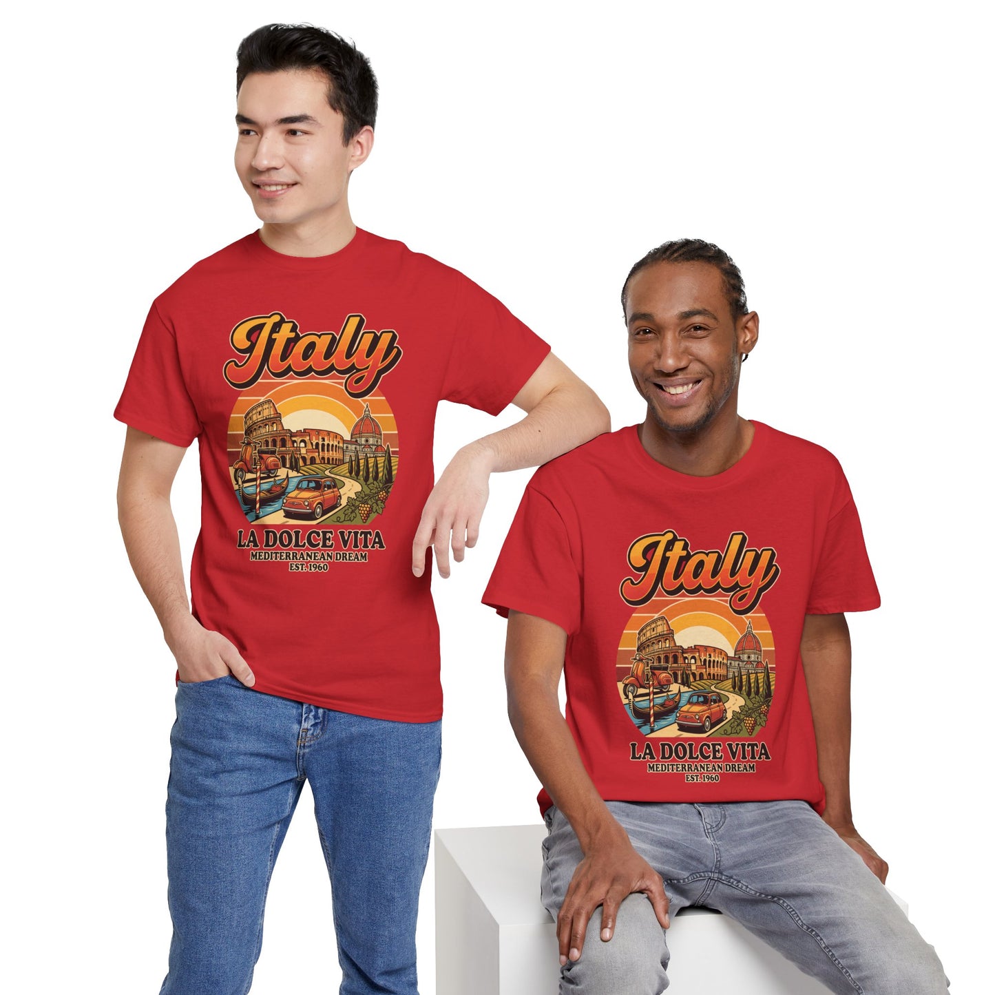 Red vintage graphic T-shirt with large “Italy” and “La Dolce Vita” print on front