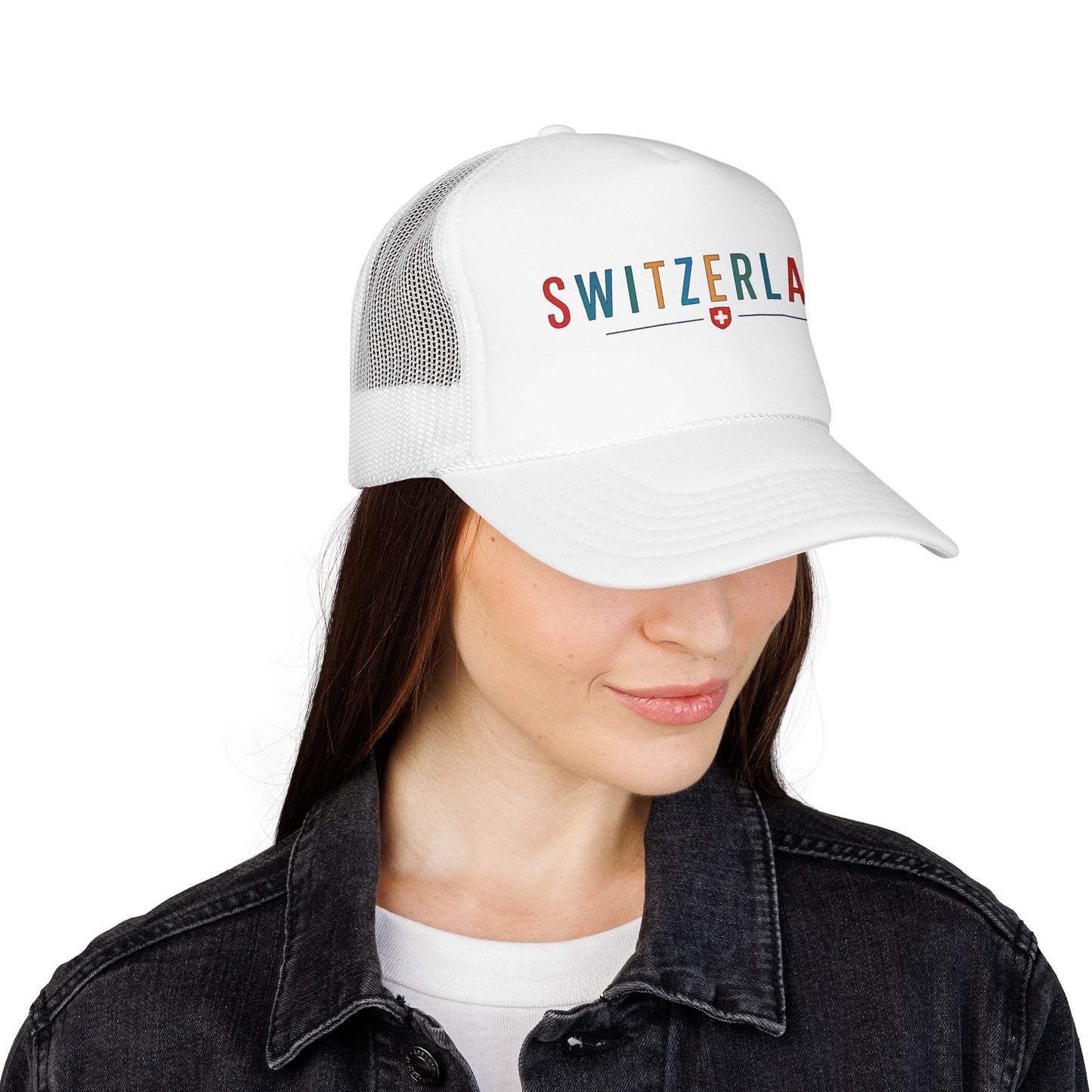 White trucker cap with mesh back and SWITZERLAND logo, side view