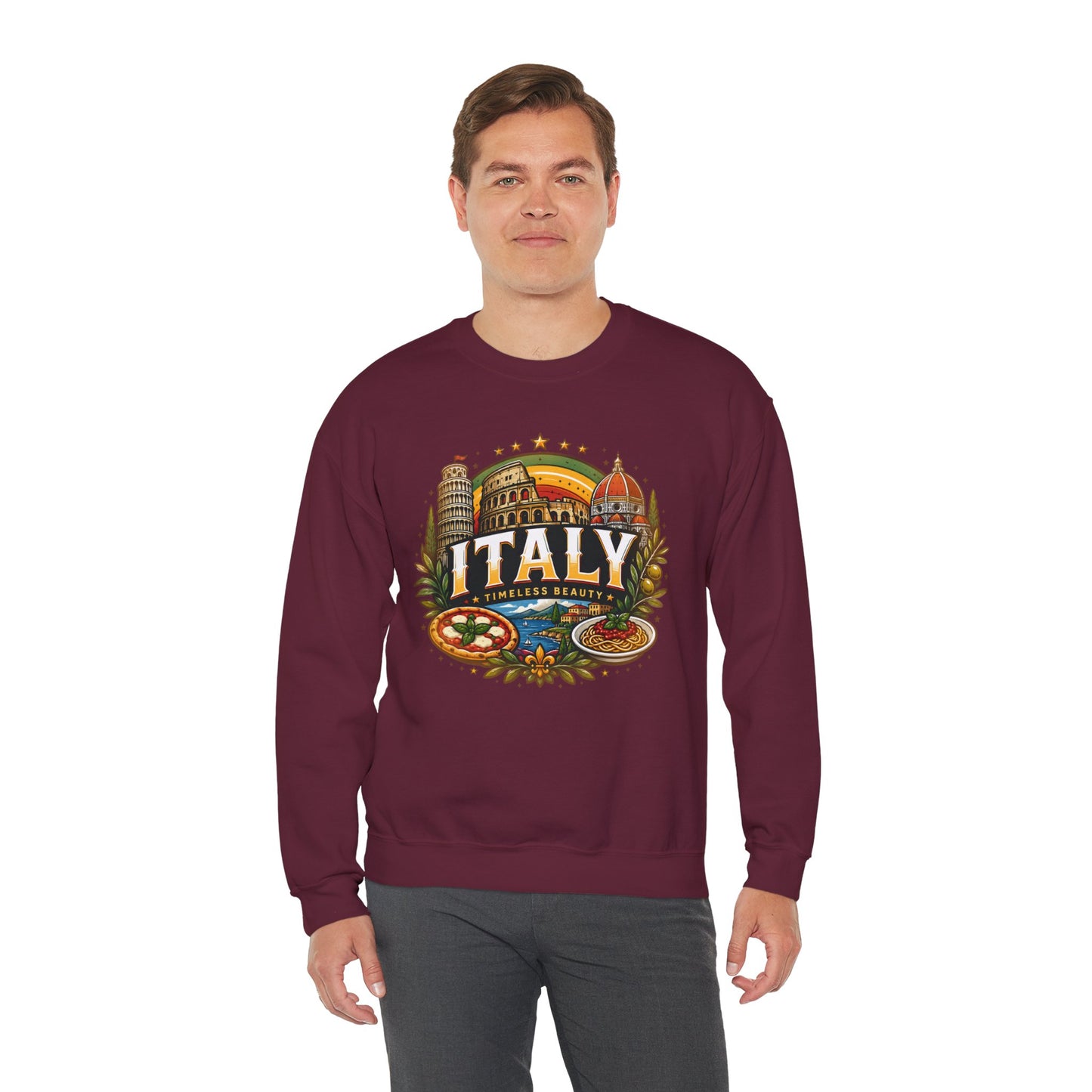 Maroon crewneck sweatshirt with colorful Italy graphic, worn in a front view.