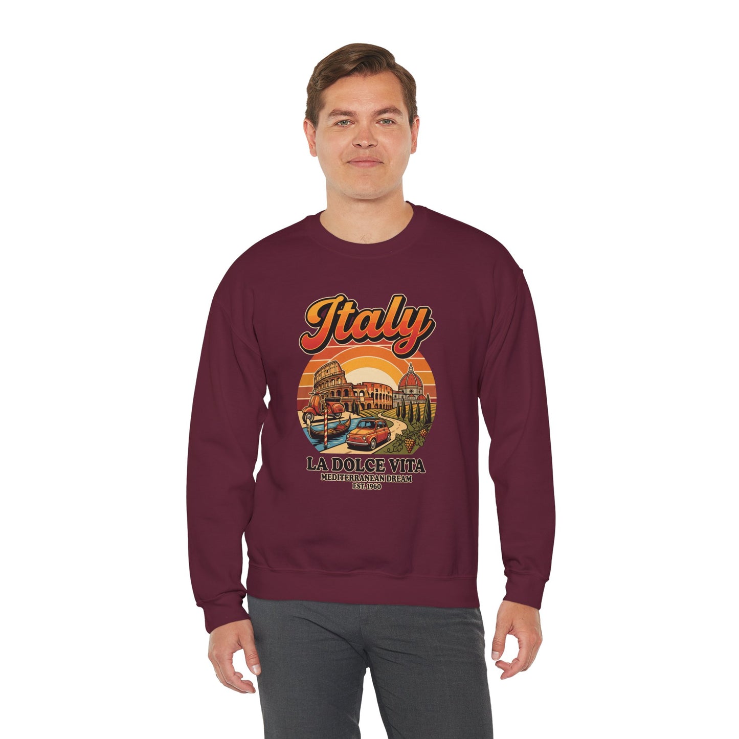 Maroon crewneck sweatshirt with front "Italy La Dolce Vita" graphic print, long sleeves