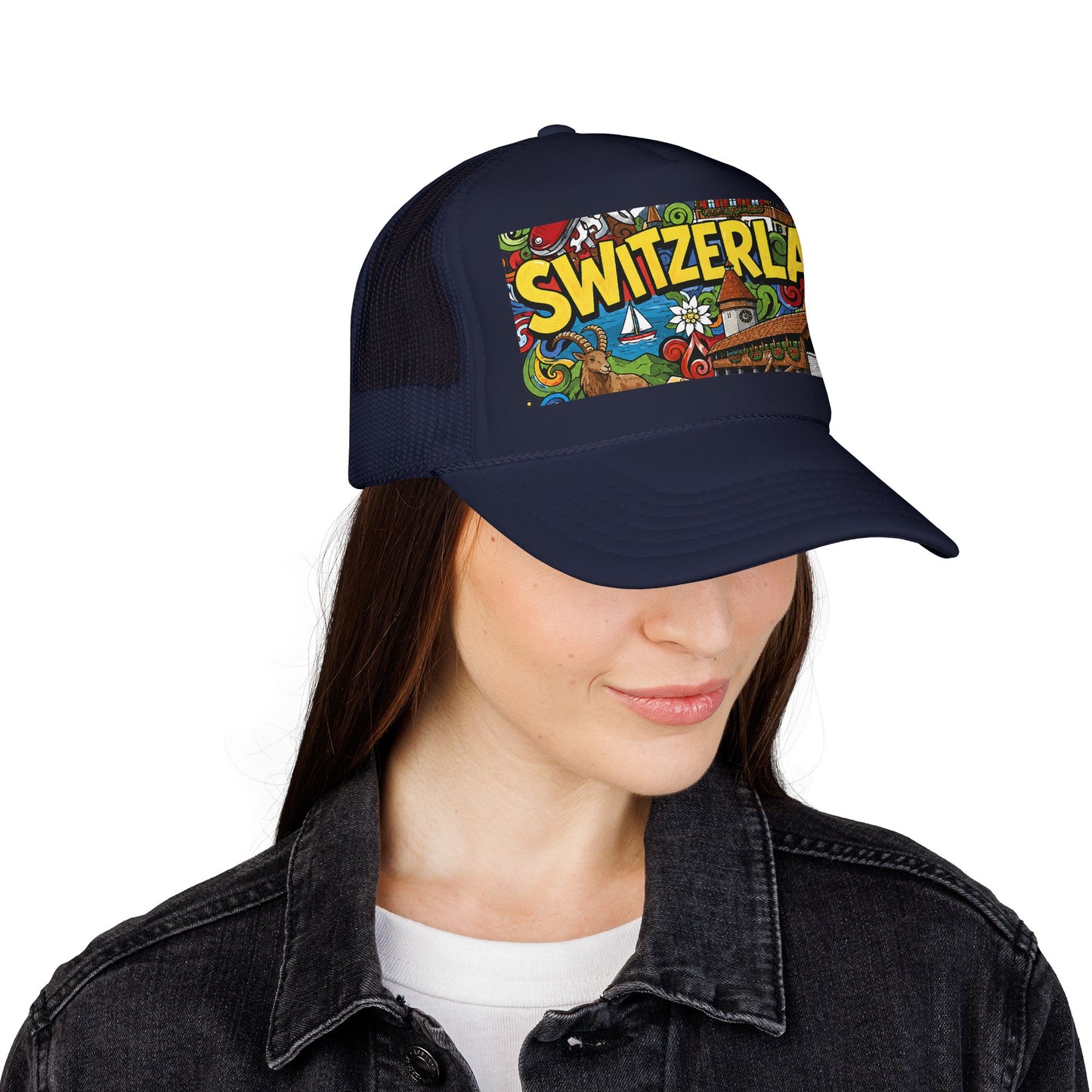 Navy mesh trucker cap with colorful Switzerland graphic front