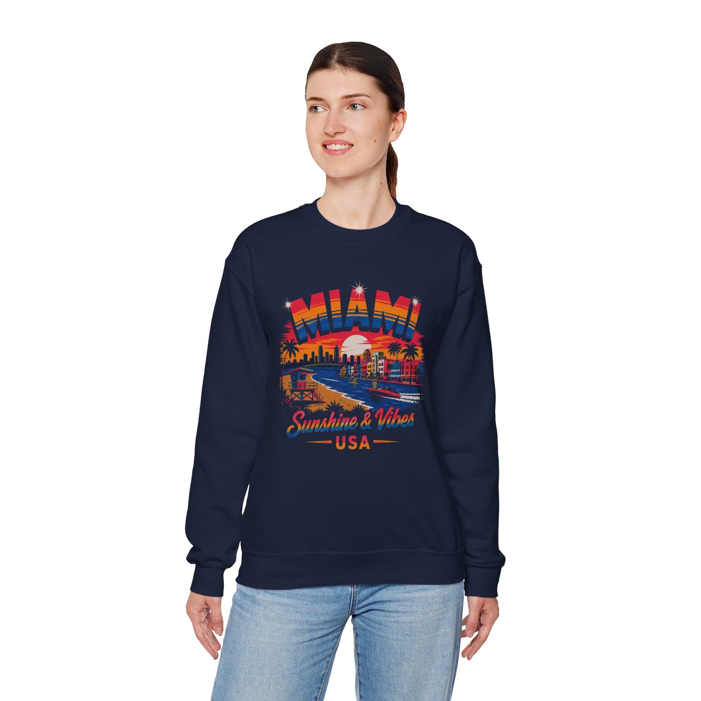 Navy crewneck sweatshirt with Miami skyline graphic and Sunshine & Vibes USA print