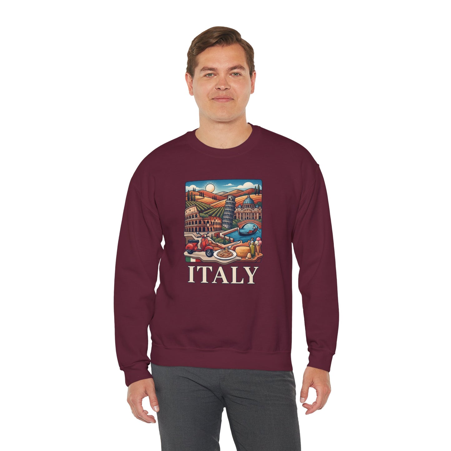 Maroon crewneck sweatshirt featuring a colorful Italy skyline graphic and 'ITALY' logo.