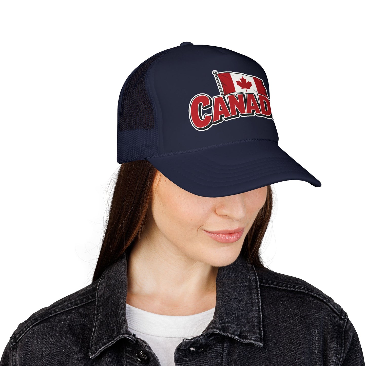 Navy trucker hat with mesh sides and Canada flag “CANADA” front logo