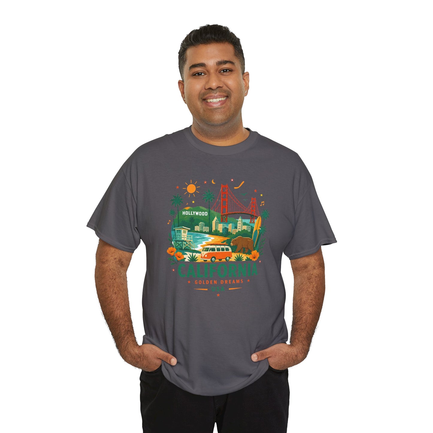 Charcoal T-shirt with colorful city skyline graphic and multicolor text
