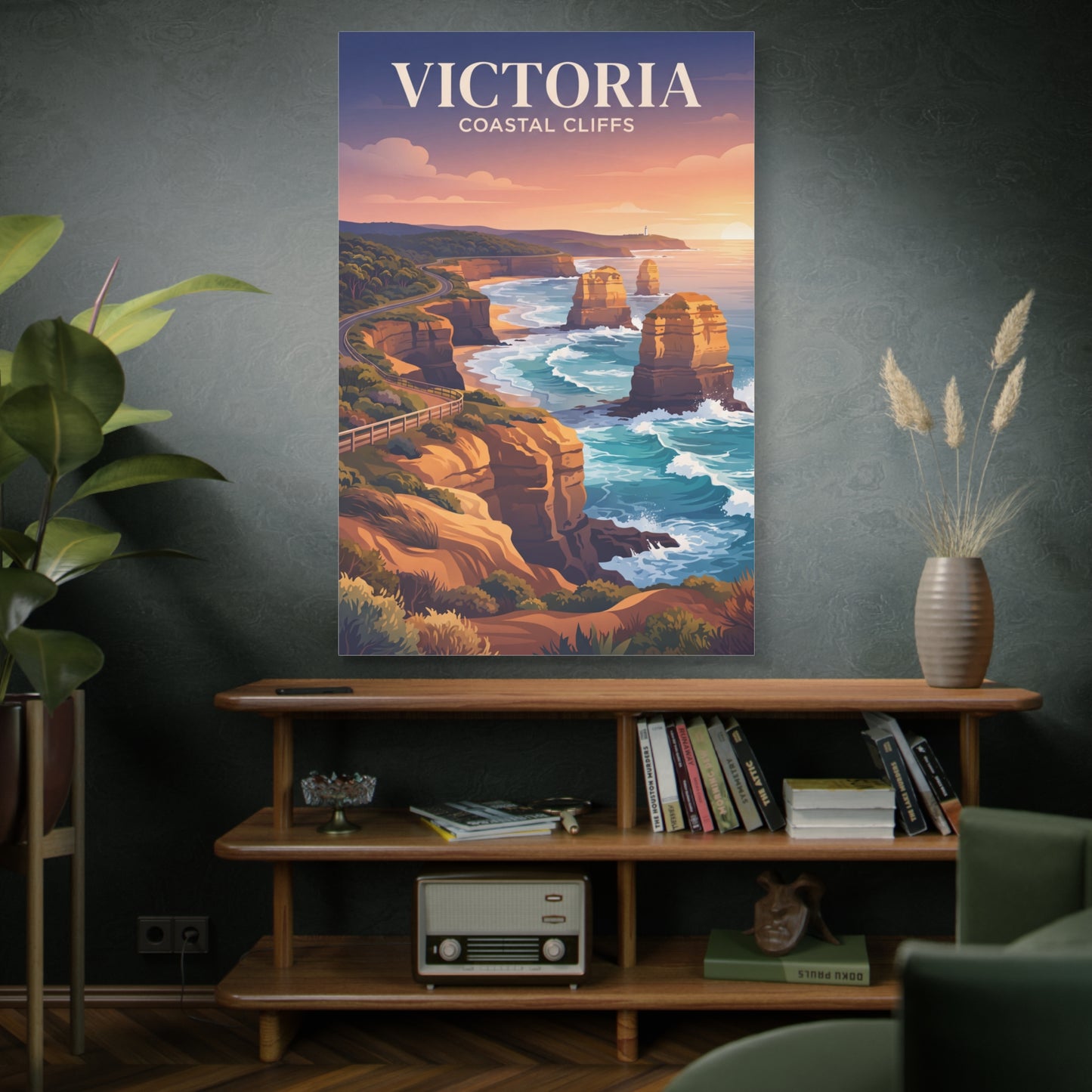 Matte canvas wall art of Victoria coastal cliffs on wall above wooden console table