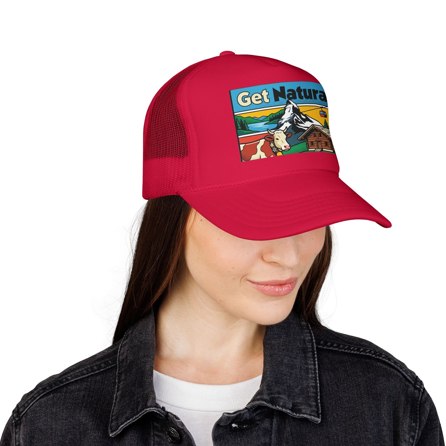 Red trucker hat with curved brim, mesh back, and front Get Natural graphic patch