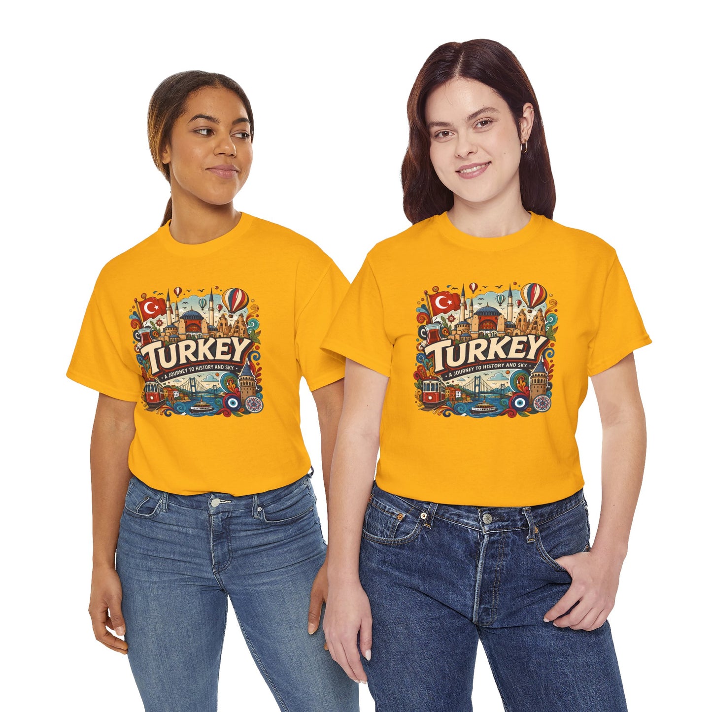 Yellow Turkey graphic tee on two women, front view with colorful central print