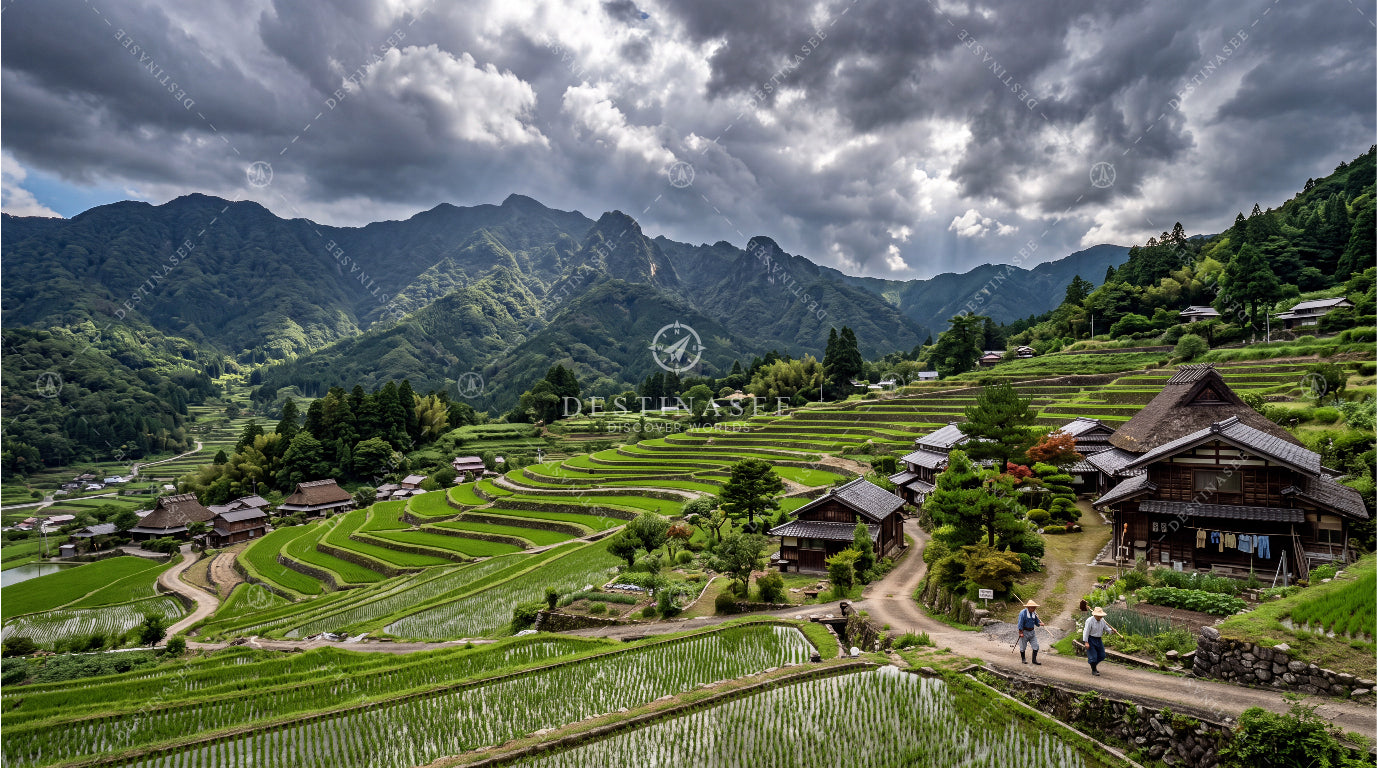 Japanese countryside desktop wallpaper showing terraced rice fields and rural houses