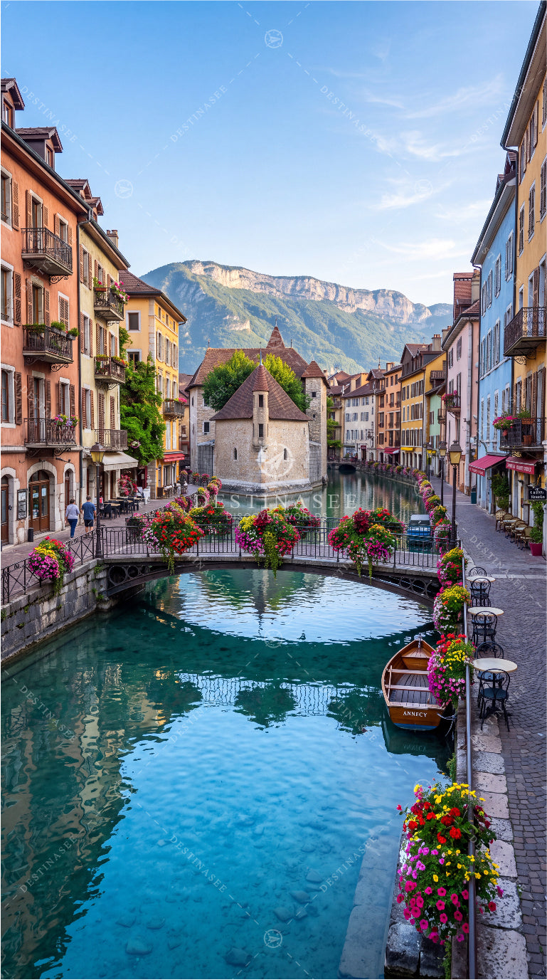 Mobile wallpaper with a turquoise canal, stone arch bridge, and colorful buildings