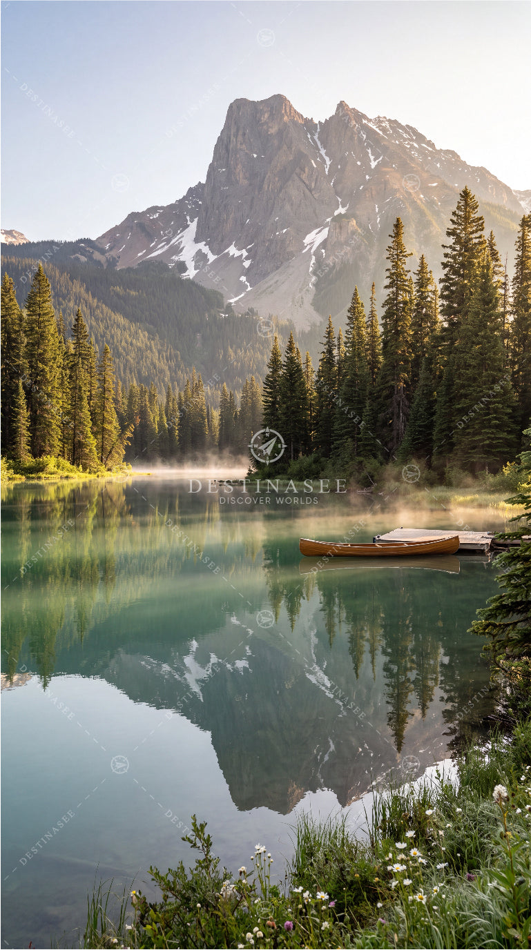 Scenic mountain lake wallpaper with pine forest, reflections, and a dock