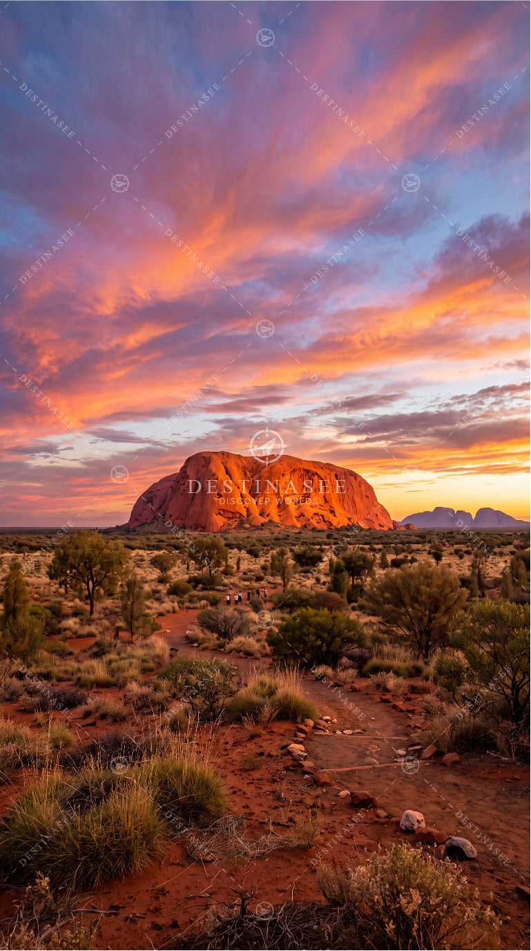 Mobile wallpaper showing Uluru at sunset with orange and purple sky