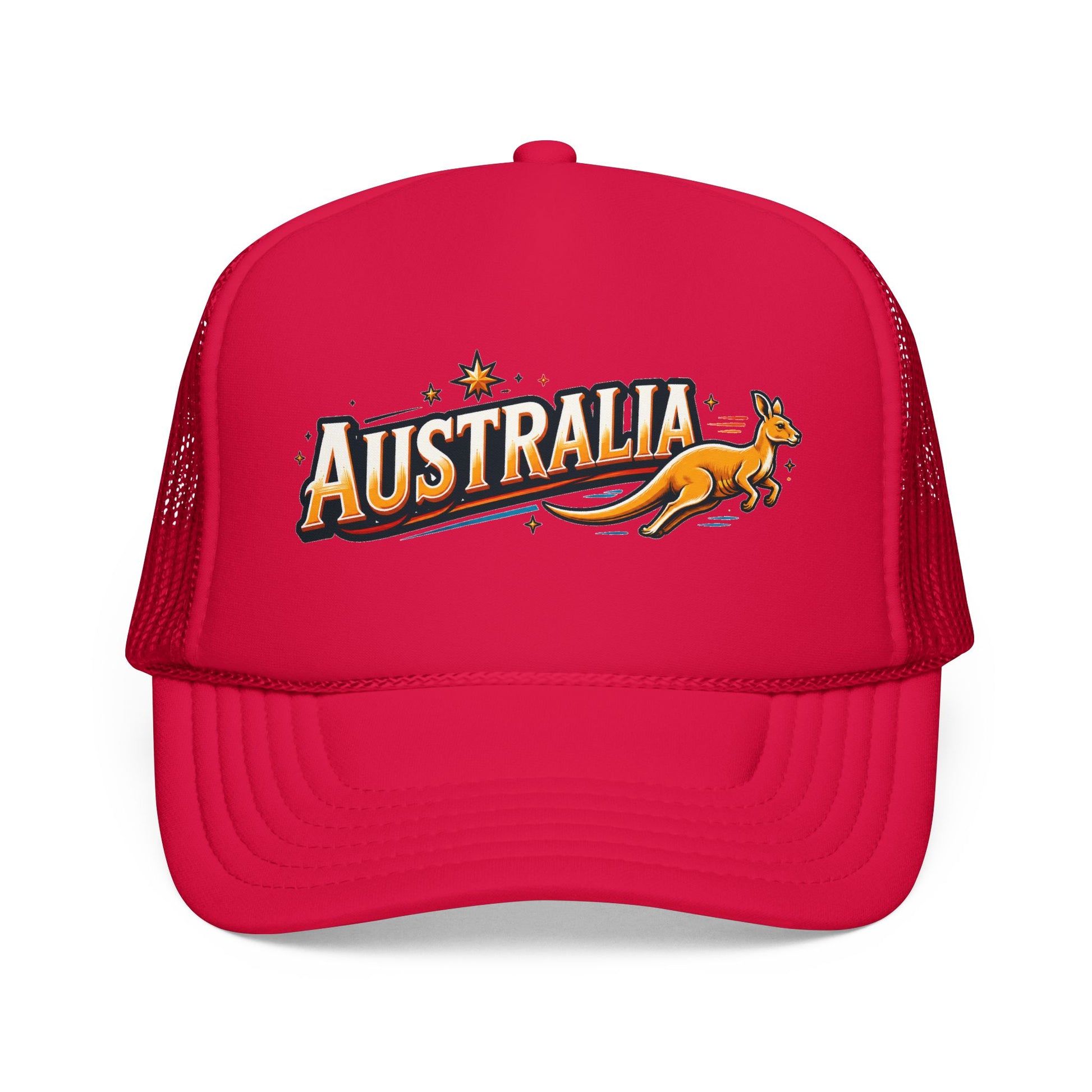 Red trucker hat with front kangaroo graphic; mesh side panels and red stitched brim
