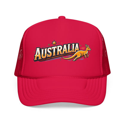 Red trucker hat with front kangaroo graphic; mesh side panels and red stitched brim