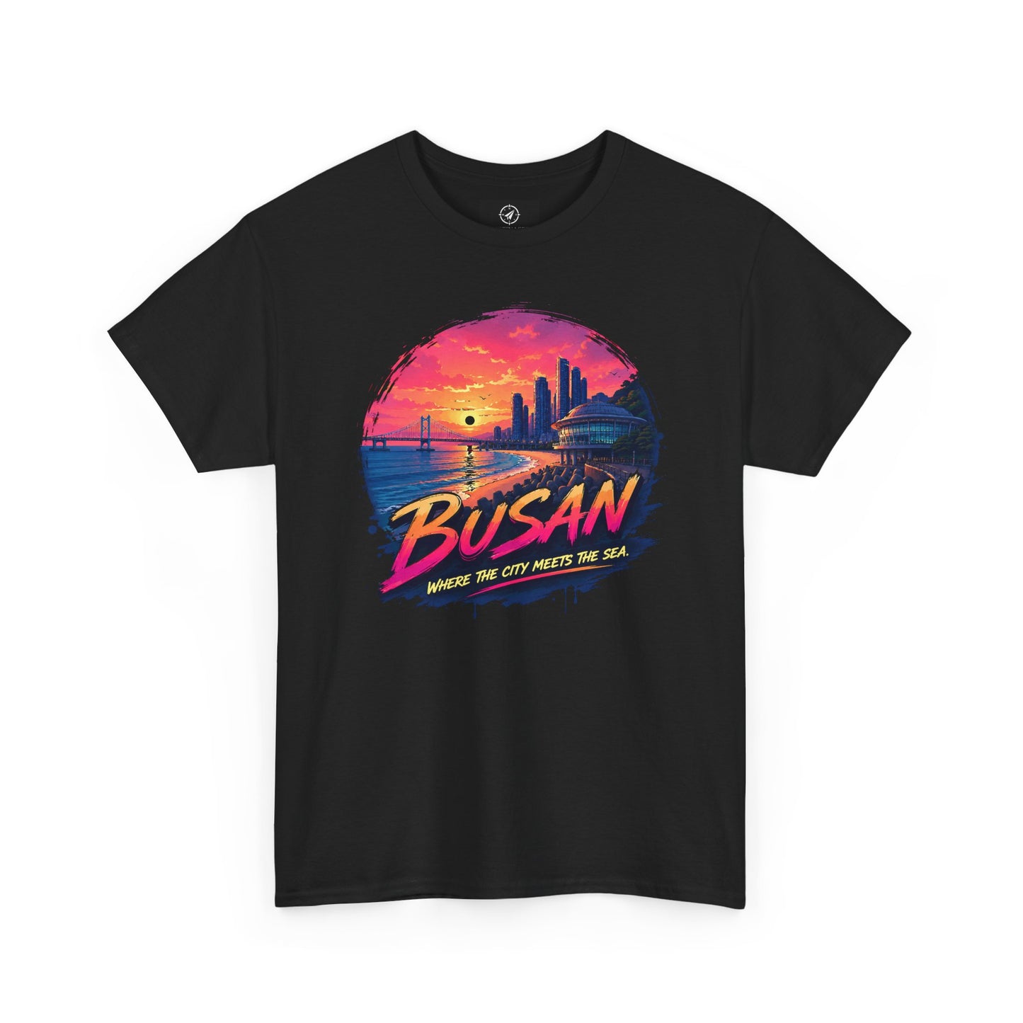 Black crew-neck T-shirt featuring a “Busan” seaside sunset graphic circle on front.