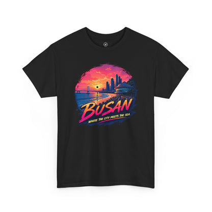 Black crew-neck T-shirt featuring a “Busan” seaside sunset graphic circle on front.