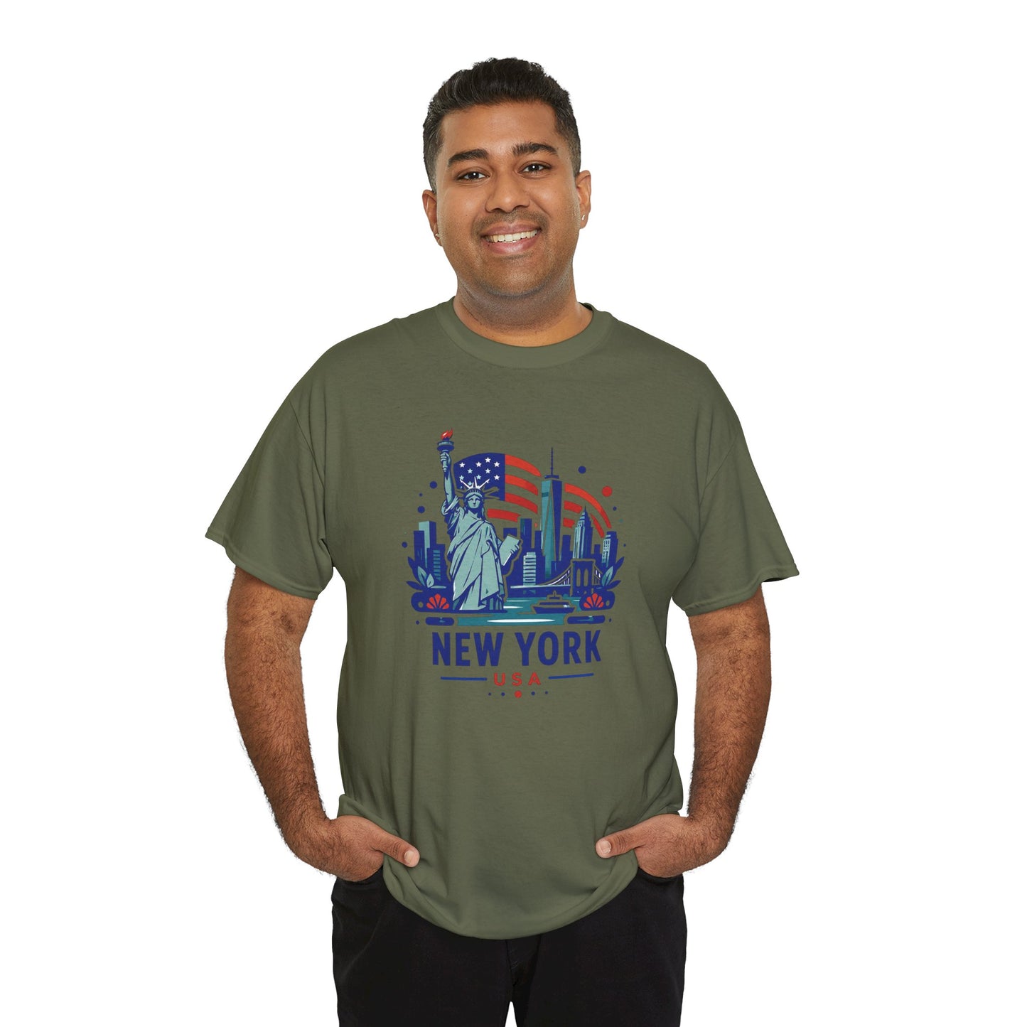 Olive green T-shirt with 'NEW YORK USA' Statue of Liberty graphic, front view.