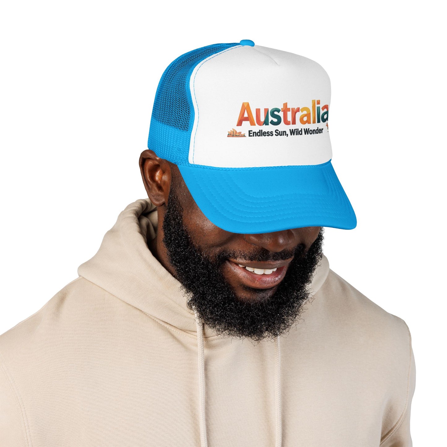 Australia vintage travel trucker cap on model, white front with blue mesh and brim