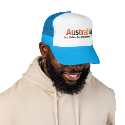 Australia vintage travel trucker cap on model, white front with blue mesh and brim