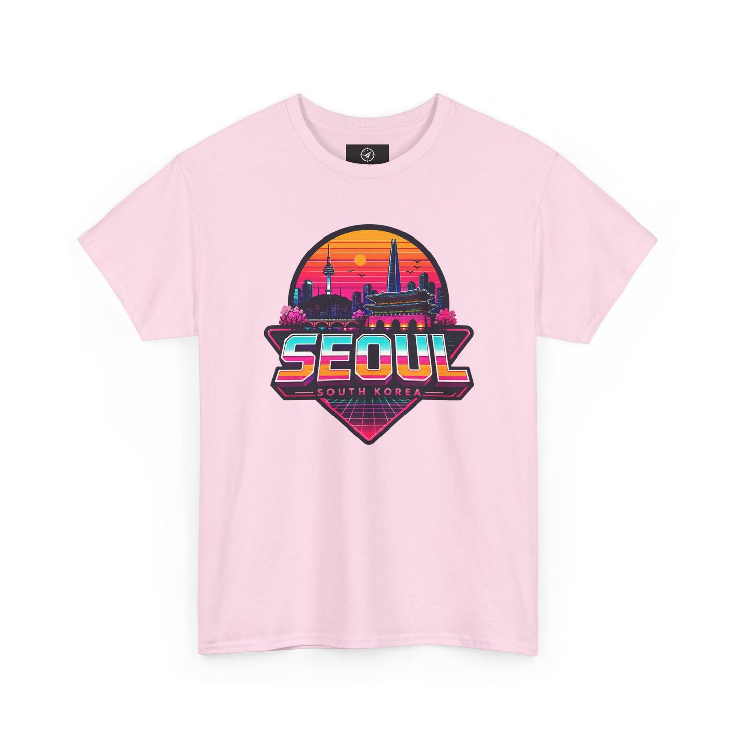 Light pink t-shirt with large front Seoul South Korea heart skyline graphic