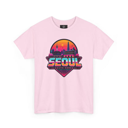 Light pink t-shirt with large front Seoul South Korea heart skyline graphic