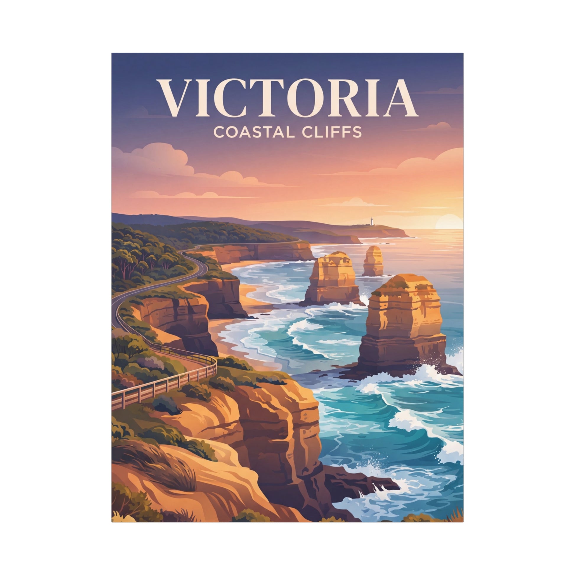 Vertical canvas wall art with coastal cliffs, turquoise water, and golden sunset light.