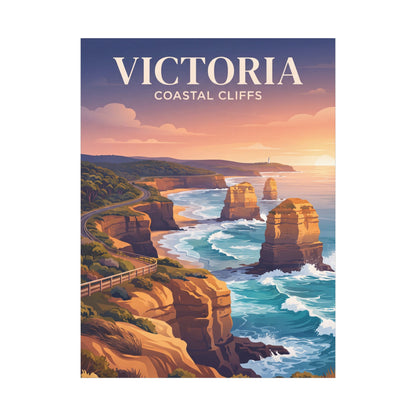 Vertical canvas wall art with coastal cliffs, turquoise water, and golden sunset light.