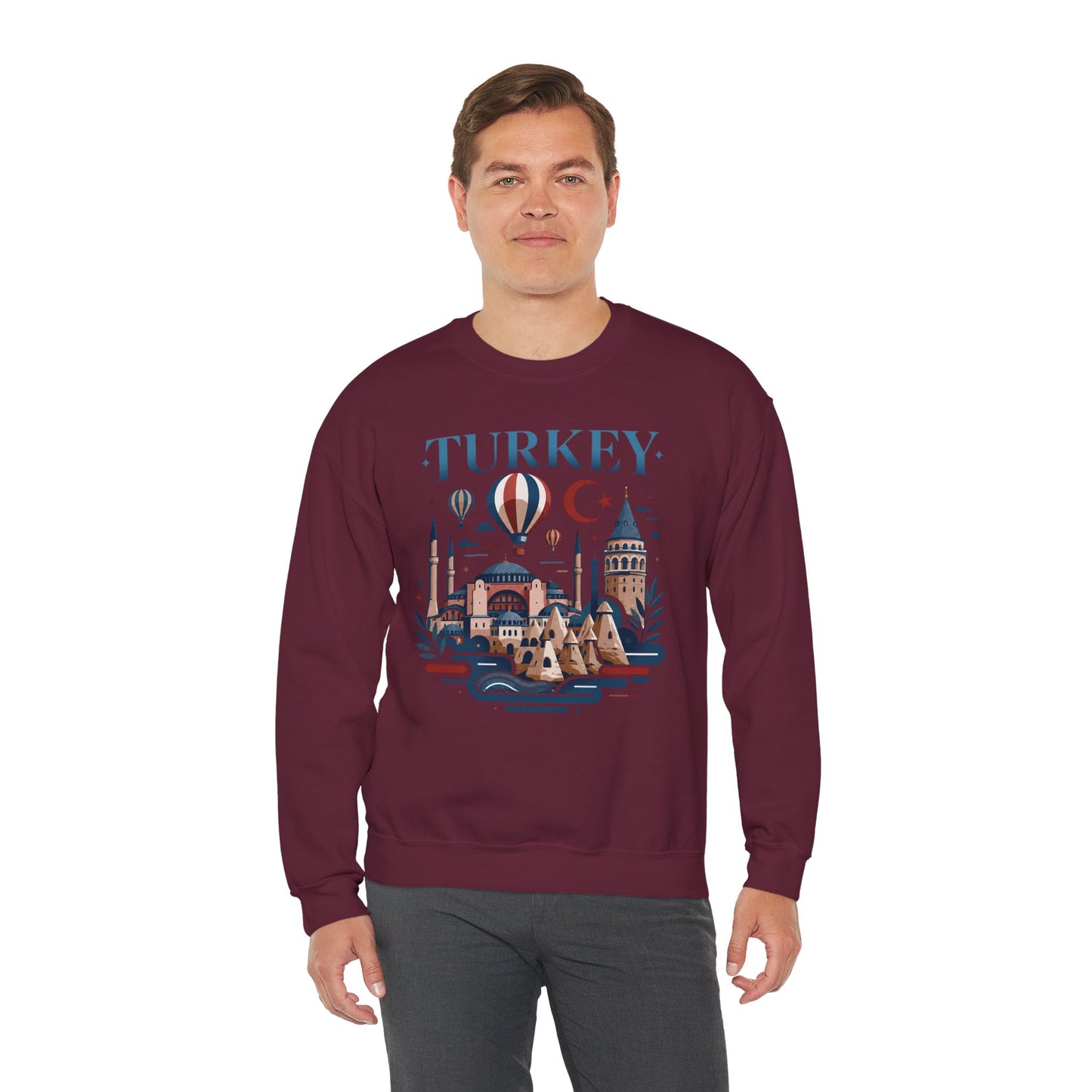 Maroon crewneck sweatshirt with colorful Turkey graphic on the chest