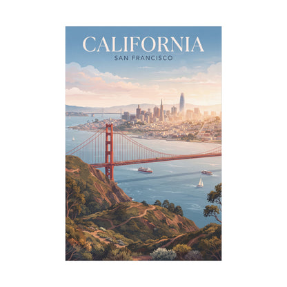 Vertical canvas wall art with Golden Gate Bridge, California text, and San Francisco skyline