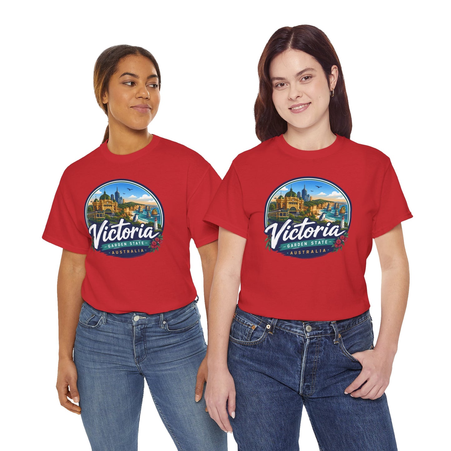 Red crew-neck T-shirt with circular Victoria city graphic on chest