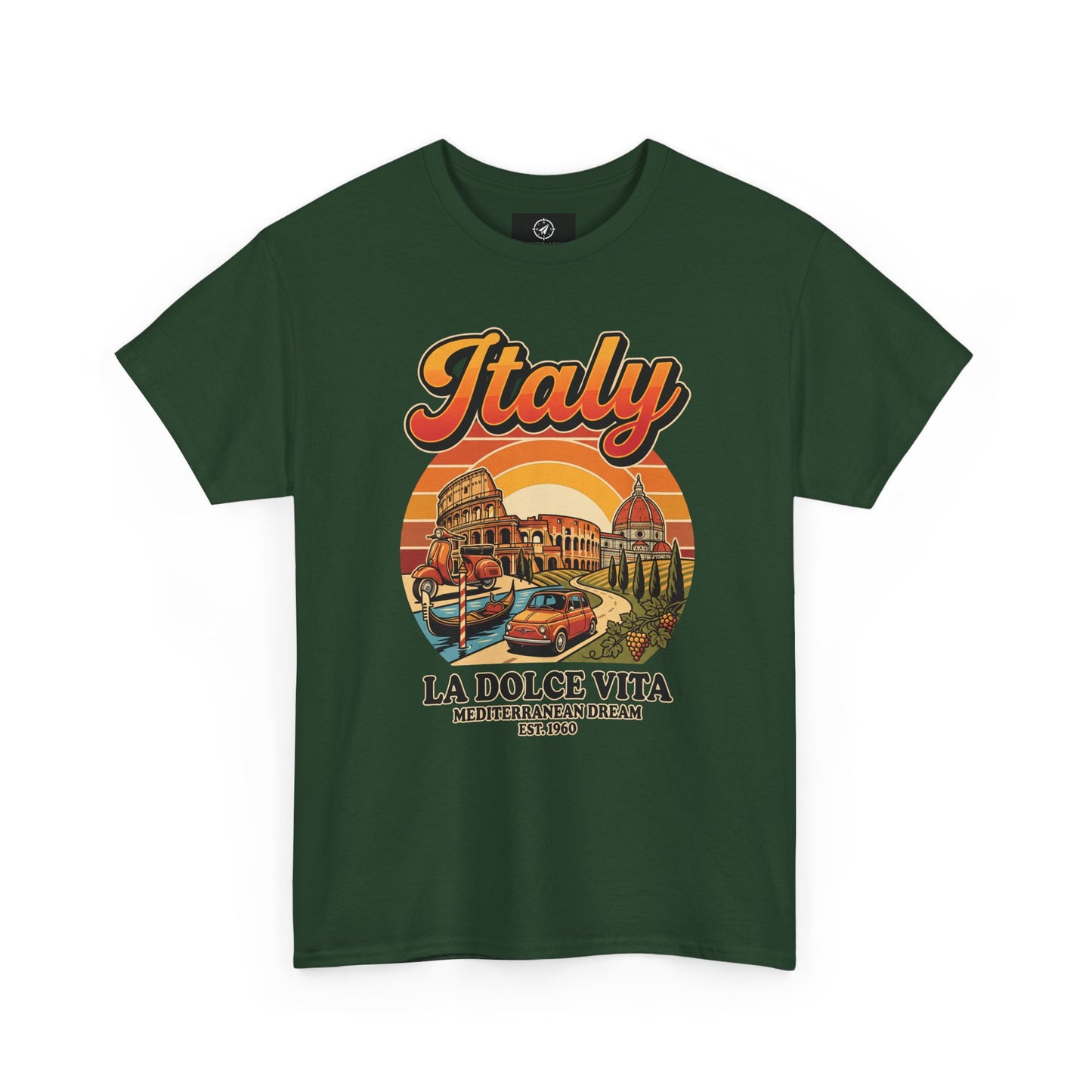 Forest green vintage graphic T-shirt with front “Italy” text and illustrated scene