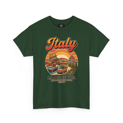 Forest green vintage graphic T-shirt with front “Italy” text and illustrated scene
